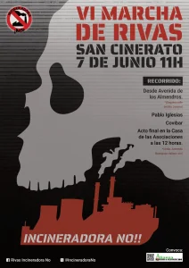 Cartel con una calavera gris y una fábrica roja que emite humo negro, promoviendo la nueva protesta: Marcha San Cinerato-6ª Marcha de Rivas contra las incineradoras el 7 de junio a las 11 de la mañana, con detalles del recorrido y los nombres de los organizadores en las redes sociales.