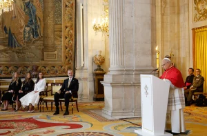 Acto institucional con motivo de la Visita a España de Su Santidad el Papa León XIV ofrecido por los Reyes, con la presencia también de la Princesa de Asturias y la Infanta Sofía, en el Palacio Real de Madrid. Foto: Casa Real