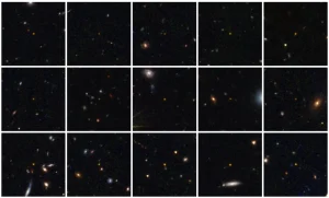 Una cuadrícula de quince imágenes, captadas con un borrador automático, muestra diversas galaxias y estrellas sobre un fondo oscuro. Cada cuadrado presenta diferentes composiciones de pequeños puntos brillantes y objetos tenues del espacio.