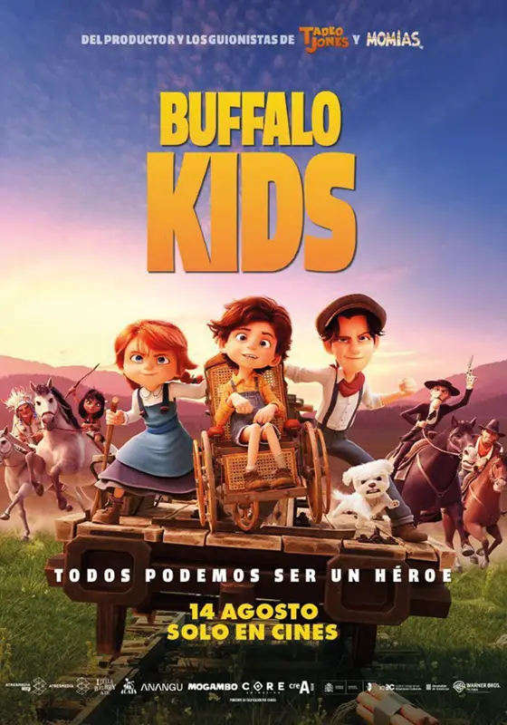 Cartel animado de la película «Buffalo Kids», ambientada en un cine de verano, en el que aparecen tres niños en una carreta de madera, dos caballos corriendo detrás de ellos y, al fondo, un grupo de personas a caballo. La fecha de estreno y los créditos figuran en la parte inferior.