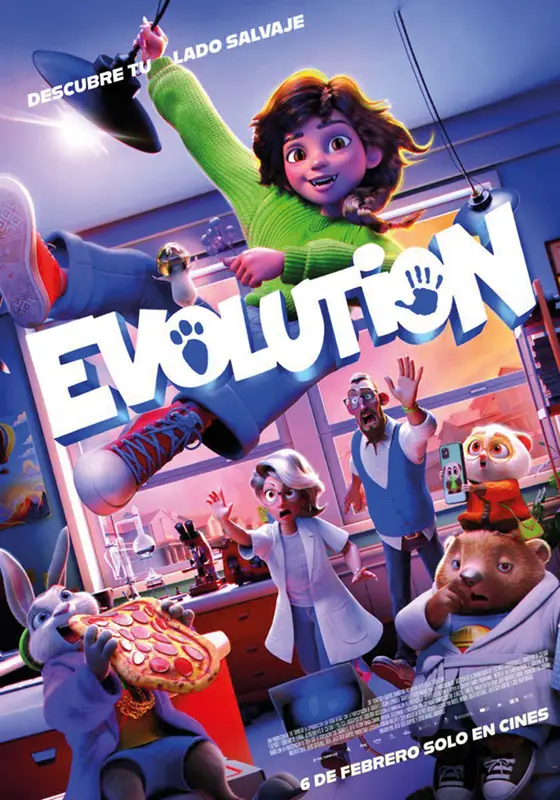 Cartel animado de una película en el que aparece una niña saltando con entusiasmo sobre la palabra «EVOLUTION». Debajo de ella, varios personajes animados, tanto animales como humanos, se encuentran en un laboratorio. El texto en español anuncia «películas gratis» en un evento de cine de verano en Rivas.