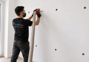 Un hombre que lleva gafas de seguridad utiliza una manguera larga para rellenar las cavidades de las paredes a través de los agujeros taladrados, lo que ayuda a aislar tu casa sin obras. Va vestido con ropa de trabajo negra y se encuentra en una habitación luminosa con una pared blanca, lo que facilita a los propietarios pagar menos luz.