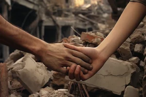 Dos personas se dan la mano entre los escombros de un edificio destruido, con restos y trozos de hormigón al fondo. Una de las manos parece cubierta de polvo, y la escena sugiere apoyo o solidaridad —una reacción casi instintiva— ante una catástrofe o una situación de crisis.