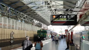 La gente camina por un andén cubierto mientras se acerca un tren verde, lo que evoca el encanto de los trenes históricos de la Comunidad de Madrid. Un letrero electrónico indica: «Vía 1 TRENE FRESA». El andén cuenta con vigas metálicas, paneles de cristal y diversos letreros visibles, todo ello bañado por la suave luz del otoño.