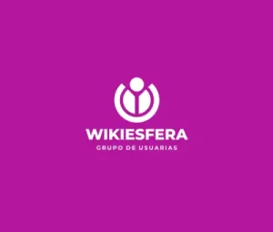 Logotipo blanco en el que aparece una figura humana circular y abstracta sobre el texto «WIKIESFERA GRUPO DE USUARIAS» en mayúsculas, centrado sobre un fondo morado liso; un diseño que rinde homenaje a la presencia de ilustradoras y artistas del cómic en Wikipedia.