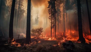 Un incendio forestal arrasa un bosque denso en la UE, con llamas que se extienden por el suelo y humo que se eleva hacia el cielo. Las altas siluetas de los árboles se recortan contra el fuego intenso y el cielo lleno de humo, lo que nos recuerda de forma contundente cómo el clima extremo afecta cada vez más a nuestro entorno.