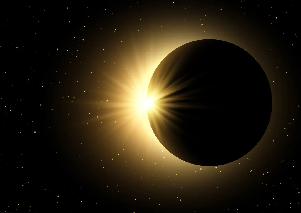 Un eclipse solar en el que la Luna tapa parcialmente el brillante Sol, creando un efecto de corona resplandeciente contra un cielo oscuro y lleno de estrellas: una vista impresionante que se disfruta mejor con gafas especiales para evitar riesgos oculares.