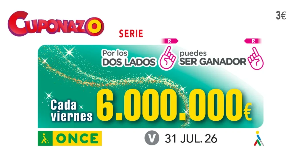 Un boleto de lotería con el logotipo de «Cuponazo ONCE» en rojo, el texto «6.000.000 €» en letras grandes de color amarillo y fondo verde. El texto reza «Cada viernes», con la fecha «31 JUL. 26», y el logotipo de la ONCE. El precio, en la esquina superior derecha, es de 3 €. Con una mención especial a Rivas y la posibilidad de ganar hasta 2,4 millones en premios adicionales, este boleto refleja el.