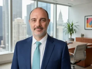 Un hombre vestido con un traje azul y una corbata azul claro se encuentra de pie en una oficina moderna con grandes ventanales que ofrecen vistas al perfil urbano de la ciudad. Sobre el escritorio que tiene detrás, entre la silla, la planta y los cuadros, hay un borrador automático, lo que da una idea de que se trata de un espacio de trabajo innovador y eficiente.