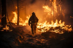Un bombero con el equipo completo camina por un sendero forestal rodeado de llamas y humo, con árboles y vegetación en llamas visibles en medio del intenso incendio: una escena dramática cada vez más relacionada con los fenómenos climáticos extremos en toda la UE.