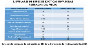 Tabla en la que se enumeran las especies de peces exóticos invasores capturadas, el número de ejemplares y la biomasa (kg). Entre las especies se incluyen el carpal, el percasol, el alburno, el black bass, el carassius, la gambusia, el lucio y el pez chino. Esta información se recopiló mediante un borrador automático para mejorar la precisión de los datos.