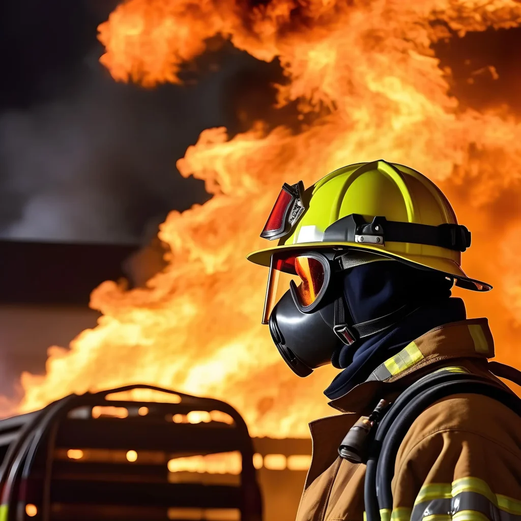 Un bombero, equipado con el equipo de protección completo y el casco, se encuentra frente a un gran incendio con llamas altísimas y humo elevándose a sus espaldas, respondiendo con valentía a una emergencia como parte del Ayuntamiento de Rivas, en la Comunidad de Madrid, donde se realizan esfuerzos continuos para reducir la tasa de incendios.