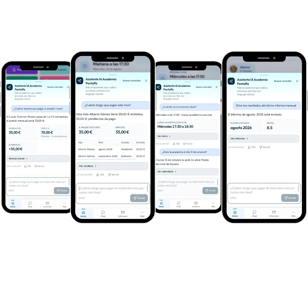 Cuatro pantallas de smartphones muestran una aplicación financiera para familias en español, con entradas sobre envíos de dinero, saldos actuales, reparto de pagos y detalles de gastos. La interfaz de la aplicación incluye fechas, importes, imágenes de perfil circulares y herramientas útiles, ideales para gestionar el refuerzo escolar o los gastos compartidos en Rivas.