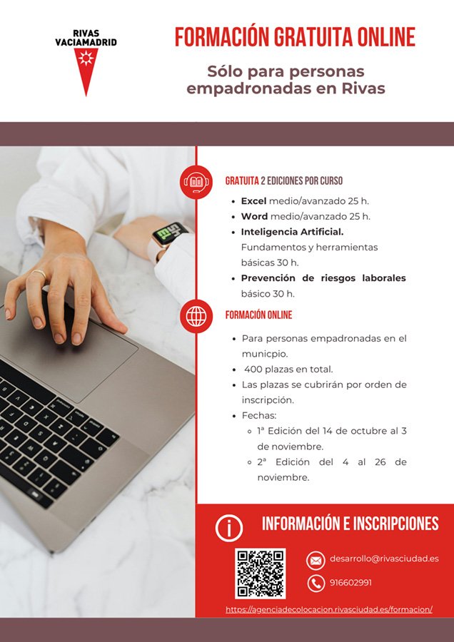 Cartel de la formación gratuita online para personas empadronadas en Rivas, con los cursos de Excel, Word, inteligencia artificial y prevención de riesgos laborales