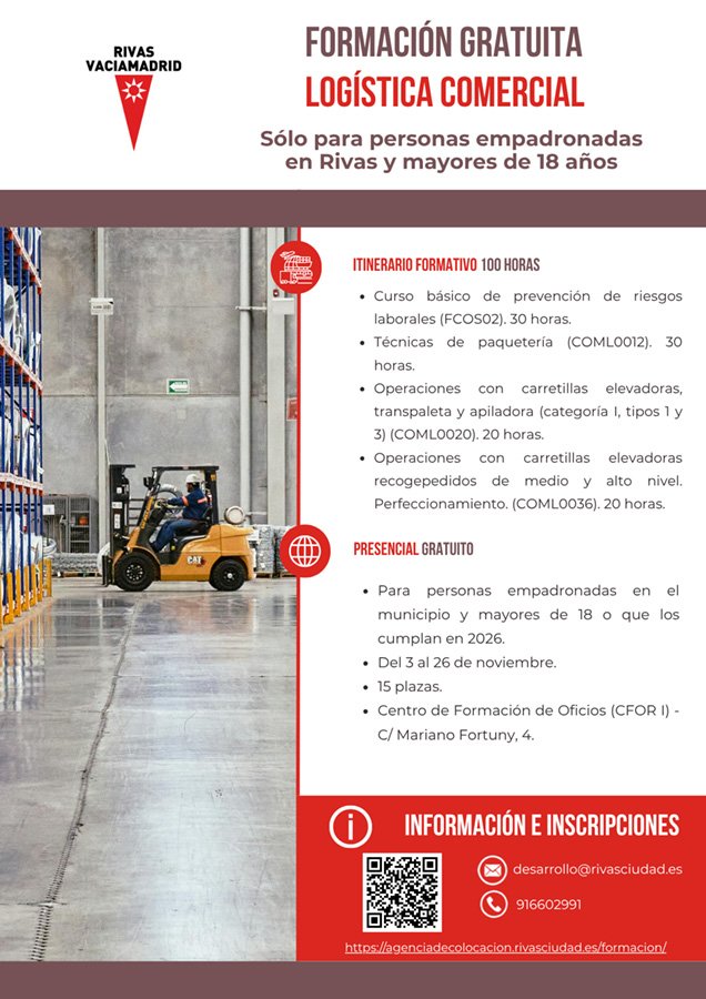 Cartel de la formación gratuita en logística comercial para personas empadronadas en Rivas, con una carretilla elevadora en un almacén