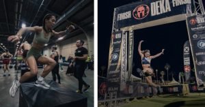 Composición con dos imágenes de la Deka Mile: una participante saltando sobre un cajón junto a otros deportistas en un espacio cubierto y otra cruzando el arco de meta con los brazos en alto