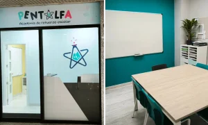 Exterior e interior de una academia de clases particulares llamada Pentalfa, situada en Rivas. La entrada cuenta con una puerta de cristal y un escaparate con el logotipo. En el interior hay un aula ordenada con una mesa, sillas azules, una pizarra blanca y estanterías bien organizadas, lo que la convierte en un espacio ideal para el refuerzo escolar y el apoyo al aprendizaje.