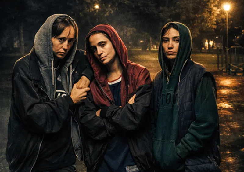 Tres personas con chaquetas con capucha están muy juntas en un parque al aire libre, en una noche con poca luz, mirando directamente a la cámara con expresiones serias. Al fondo se ven árboles y farolas, lo que evoca una atmósfera que recuerda a «Un otoño teatral» en el Pilar Bardem.