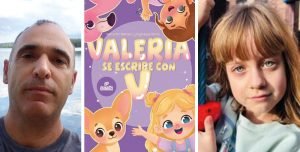 Composición con el profesor Ángel Rubio, la portada del cuento «Valeria se escribe con V» y la niña Valeria Díez