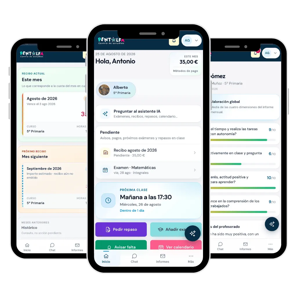 Tres teléfonos inteligentes muestran la interfaz de una aplicación educativa en español, diseñada como «una app para familias» en Rivas, que incluye secciones de pagos, perfiles de alumnos, chat y un calendario con las próximas clases y recordatorios. El diseño utiliza colores claros e iconos para facilitar la navegación, lo que la hace ideal para el refuerzo escolar.