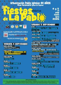 Cartel colorido del evento, creado con Borrador automático, para la 13.ª edición de las Fiestas de La Pablo en Rivas Vaciamadrid, en el que se detallan los horarios, las actividades y las horas correspondientes a los días 4 y 5 de septiembre de 2026. Incluye los nombres de los eventos, los lugares de celebración y la información de contacto sobre un fondo azul y amarillo de vivos colores.