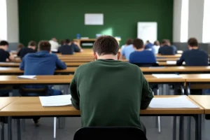 Los alumnos están sentados en sus pupitres en un aula, distribuidos a una distancia uniforme entre sí, realizando un examen o una prueba de asignaturas como matemáticas o ciencias. La imagen se ve desde detrás de un alumno que lleva un jersey verde. El aula tiene una pared verde y varias ventanas por las que entra luz natural.