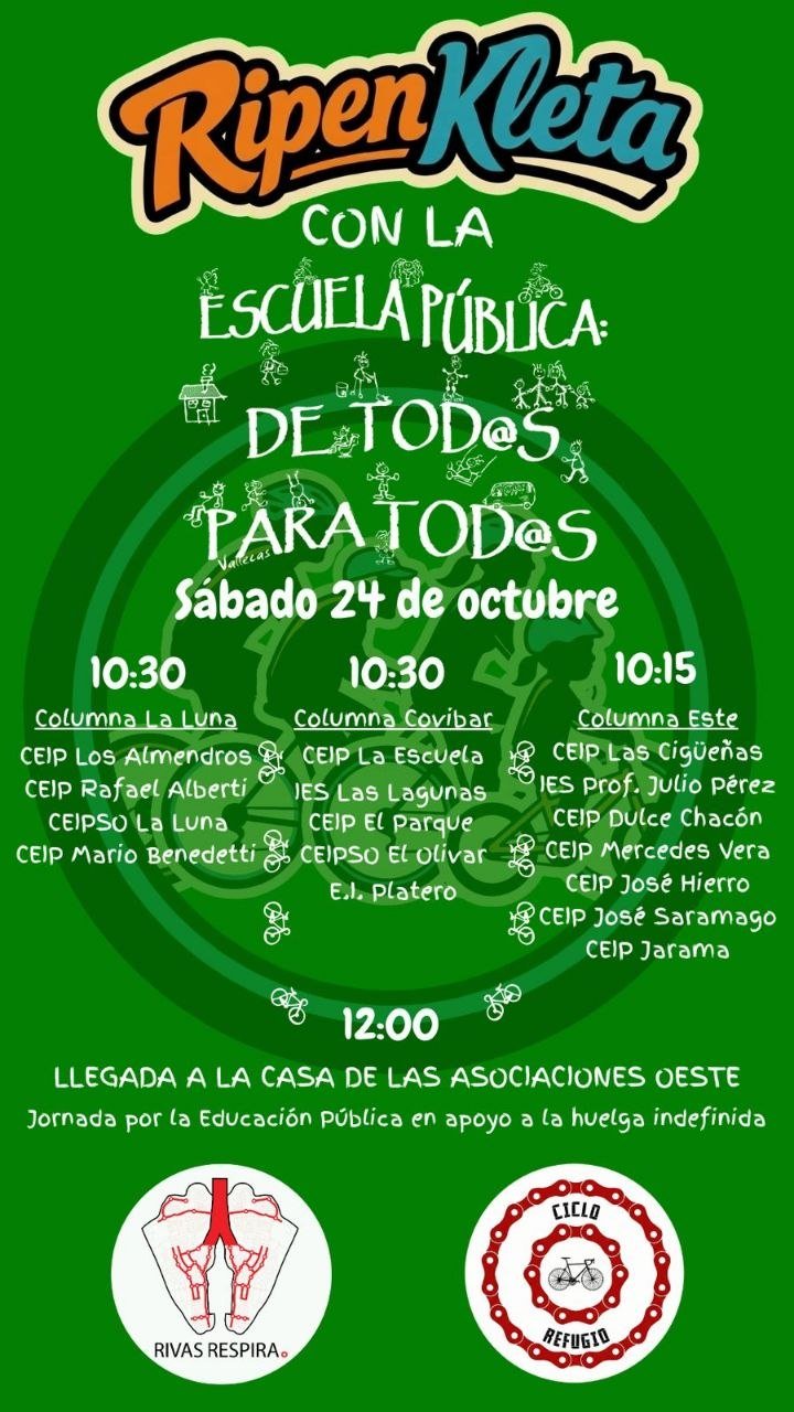 Cartel de la RipenKleta del 24 de octubre: tres columnas ciclistas (Este, La Luna y Covibar) que llegan a las 12.00 a la Casa de Asociaciones Oeste