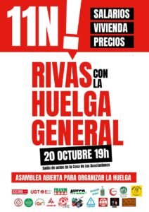 Cartel de la asamblea abierta para organizar la huelga general del 11-N: 20 de octubre, 19 horas, salón de actos de la Casa de Asociaciones de Covibar