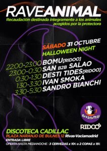 Cartel de la fiesta Raveanimal de Halloween con la silueta de un animal sobre fondo negro y neón