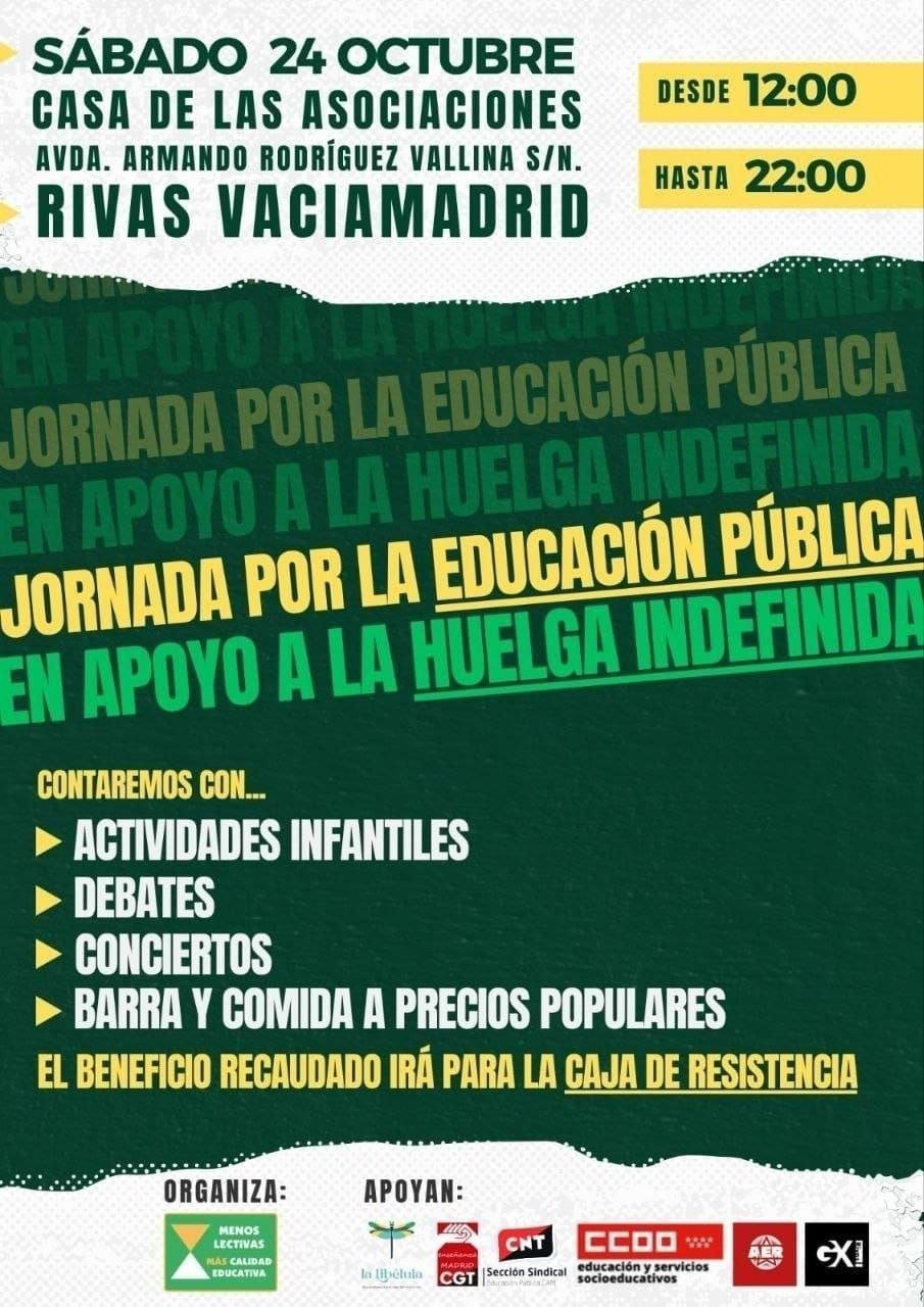 Cartel general de la jornada por la educación pública del 24 de octubre en Rivas, en apoyo a la huelga indefinida