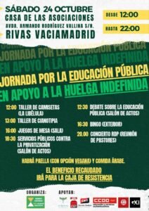 Cartel de la jornada por la educación pública del 24 de octubre en Rivas: programa con talleres, debate, bingo y concierto de RDP