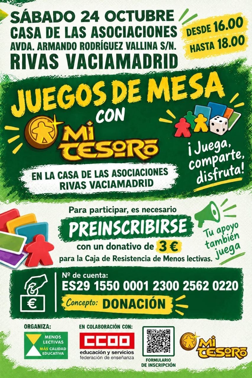 Cartel de Juegos de mesa con Mi Tesoro: sábado 24 de octubre de 16.00 a 18.00, donativo de 3 euros para la caja de resistencia
