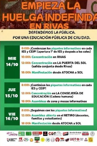 Folleto con el programa de las protestas del 14 al 16 de octubre en Rivas, en el que se detallan los horarios de las manifestaciones y asambleas en apoyo a la huelga de educación en la Comunidad de Madrid.