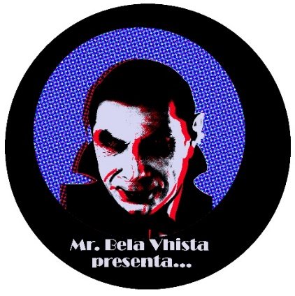 Emblema circular con el retrato de Mr. Bela Vhista y el texto «Mr. Bela Vhista presenta…»