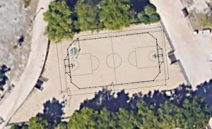 Plano de la nueva pista multideportiva sobre una imagen aérea del parque Rafael Canogar
