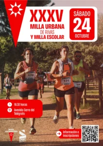 Cartel del evento de la 35.ª edición de la carrera de atletismo Milla Urbana de Rivas, que se celebrará el sábado 24 de octubre, en el que aparecen corredores en un sendero y un código QR para inscribirse.