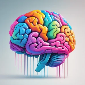 Ilustración anatómica del cerebro humano en la que aparecen segmentos multicolores que representan la identidad de género, con gotas de pintura que caen desde la parte inferior.