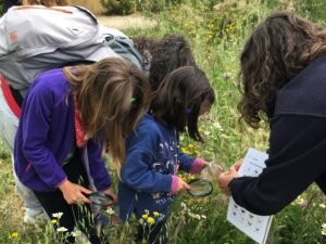 Dos niñas observan el suelo con lupas y una ficha de identificación durante una actividad de educación ambiental