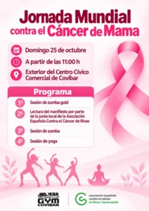 Folleto del evento para un programa con motivo del Día Mundial de Concienciación sobre el Cáncer de Mama, que tendrá lugar el 25 de octubre en el Centro Cívico Covibar, con clases de Zumba y yoga para promover la actividad física como forma de lucha contra el cáncer de mama.