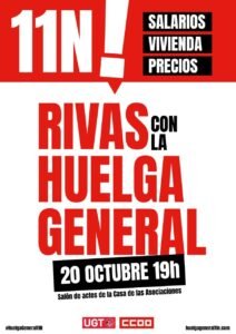 Cartel de la asamblea de CCOO y UGT en Rivas: Rivas con la huelga general, 20 de octubre a las 19 horas, salón de actos de la Casa de las Asociaciones