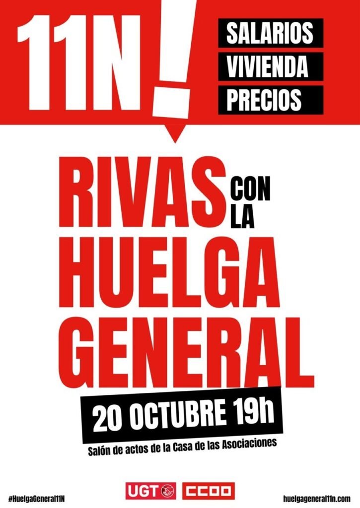 Cartel de la asamblea de CCOO y UGT en Rivas: Rivas con la huelga general, 20 de octubre a las 19 horas, salón de actos de la Casa de las Asociaciones