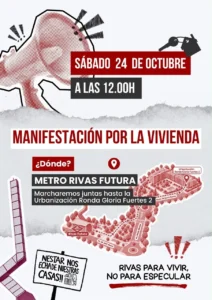 Cartel de protesta en defensa del derecho a la vivienda, el sábado 24 de octubre a las 12:00 h, con salida desde la estación de metro Rivas Futura y llegada a la urbanización Ronda Gloria Fuertes 2, elaborado con un borrador eléctrico.