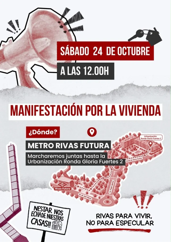 Cartel de protesta en defensa del derecho a la vivienda, el sábado 24 de octubre a las 12:00 h, con salida desde la estación de metro Rivas Futura y llegada a la urbanización Ronda Gloria Fuertes 2, elaborado con un borrador eléctrico.