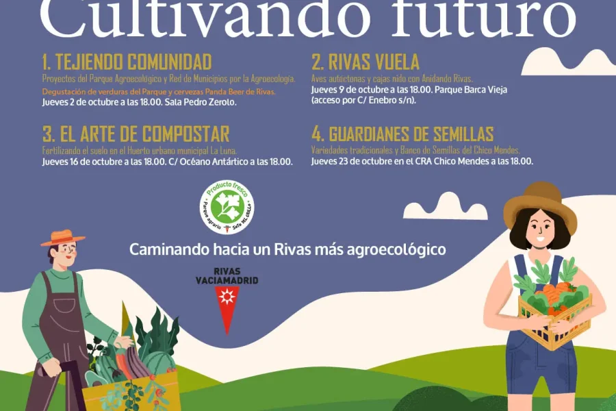 Un colorido cartel ilustrado anuncia el Ciclo de Agroecología de Rivas con detalles del evento, fechas y figuras de dibujos animados de personas que sostienen hortalizas y herramientas de jardinería, celebrando la agroecología con plantas vibrantes y una carretilla.