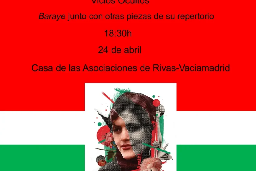 Cartel español de un acto con un llamativo fondo rojo, verde y blanco. Destaca el apoyo a las mujeres iraníes e incluye el texto Borrador automático, la foto de una mujer, los logotipos de Amnistía Internacional y Vicios Ocultos, y detalles del acto en español.