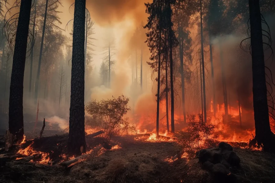 Un incendio forestal arrasa un bosque denso en la UE, con llamas que se extienden por el suelo y humo que se eleva hacia el cielo. Las altas siluetas de los árboles se recortan contra el fuego intenso y el cielo lleno de humo, lo que nos recuerda de forma contundente cómo el clima extremo afecta cada vez más a nuestro entorno.