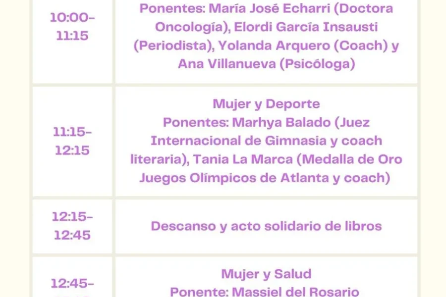 Programa del sábado 15 de noviembre: tres mesas redondas sobre la resiliencia, el deporte y la salud de las mujeres, cada una de ellas con ponentes que figuran en la lista; incluye descansos y ceremonia de clausura. Diseño en púrpura y rosa con corazones y adornos de texto.