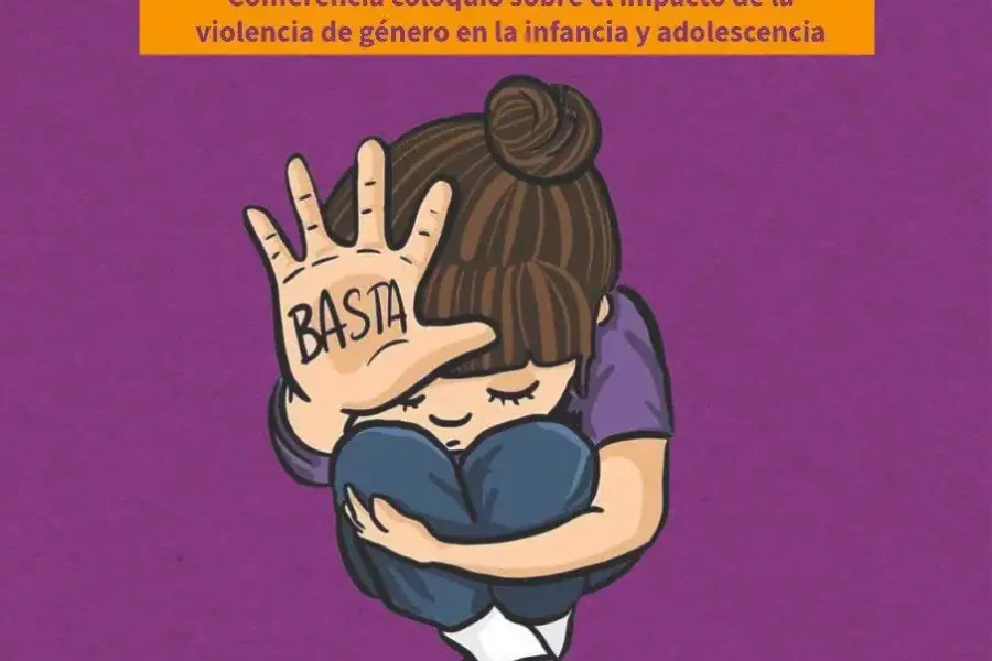 Un cartel con el título Cuando la violencia también les duele, creado como un borrador automático, muestra a un niño sentado con las rodillas en alto, cubriéndose la cara, y una mano levantada que dice BASTA. Los detalles del acto y la información sobre los ponentes figuran a continuación.