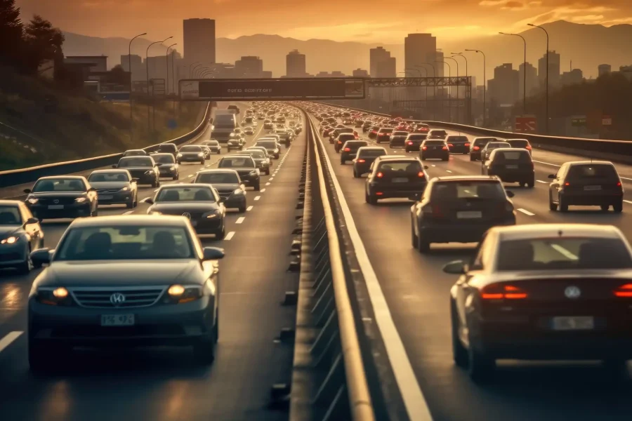 Una concurrida autopista de varios carriles llena de coches en ambas direcciones durante la puesta de sol, con edificios de la ciudad y montañas al fondo, capta una escena perfecta para un Borrador automático del movimiento incesante de la vida urbana.