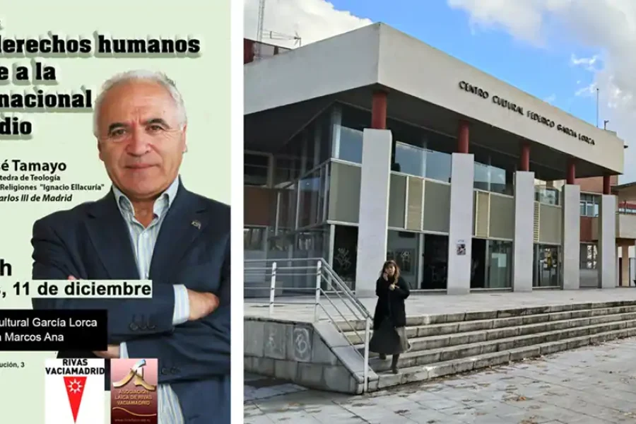 Un cartel para una conferencia sobre los derechos humanos y el odio, creado como borrador automático, muestra a un hombre trajeado con los brazos cruzados. A su lado hay un edificio moderno con ventanas de cristal y gente cerca de la entrada.